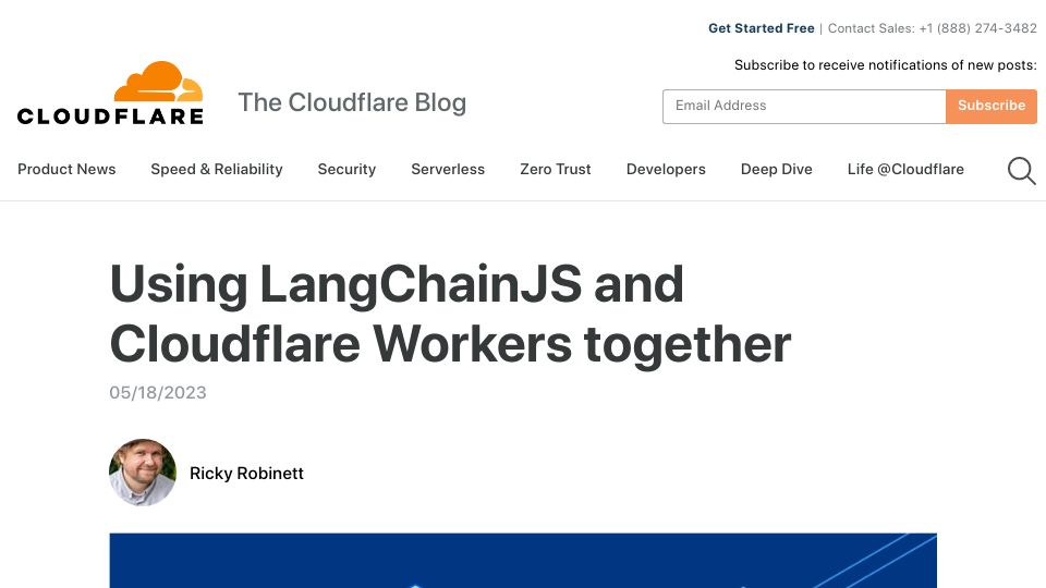 Screenshot of blog.cloudflare.com: Using LangChainJS and Cloudflare Workers together