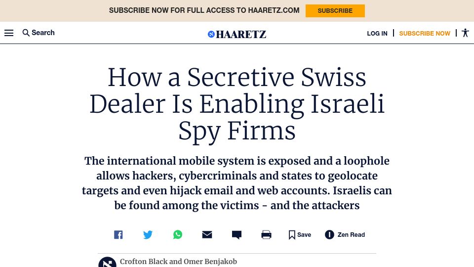Screenshot of haaretz.com: How a Secretive Swiss Dealer Is Enabling Israeli Spy Firms