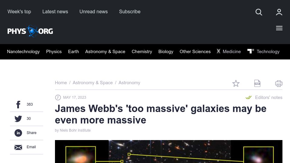 Screenshot of phys.org: James Webb's 'too massive' galaxies may be even more massive