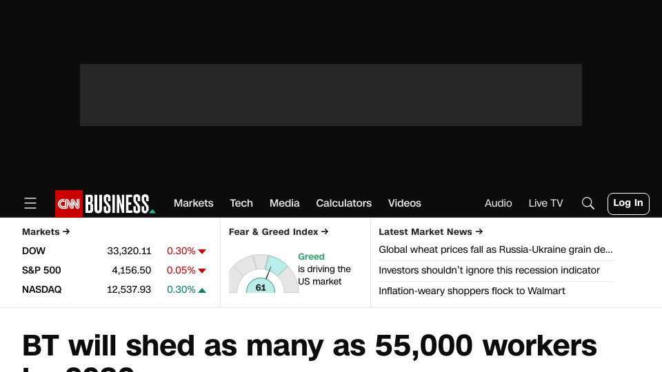 Screenshot of cnn.com: BT will shed as many as 55,000 workers by 2030