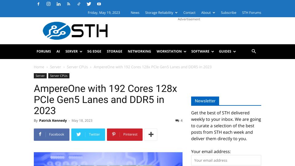Screenshot of servethehome.com: AmpereOne with 192 Cores 128x PCIe Gen5 Lanes and DDR5 in 2023