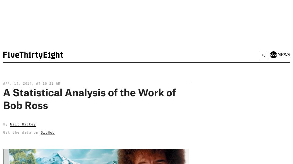 Screenshot of fivethirtyeight.com: A statistical analysis of the work of Bob Ross (2014)