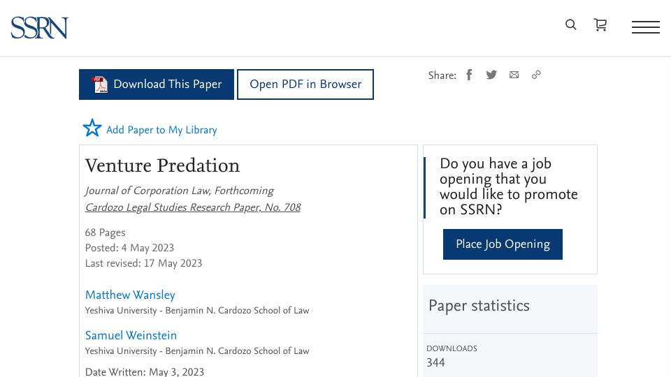 Screenshot of papers.ssrn.com: Venture Predation