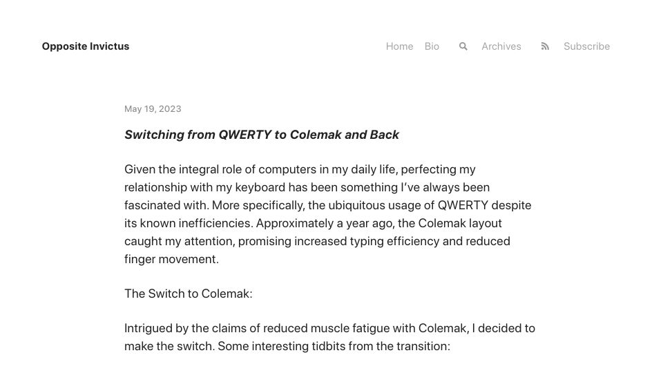 Screenshot of oppositeinvictus.com: Switching from QWERTY to Colemak and Back