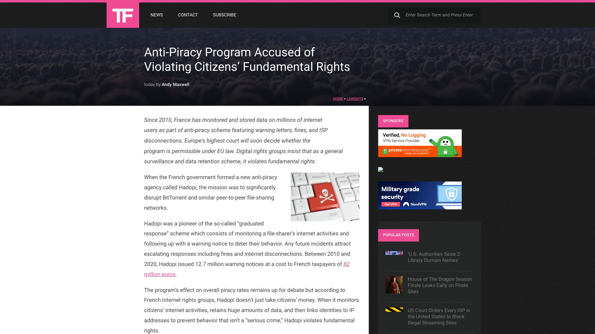 Screenshot of torrentfreak.com: Anti-Piracy Program Accused of Violating Citizens’ Fundamental Rights in France