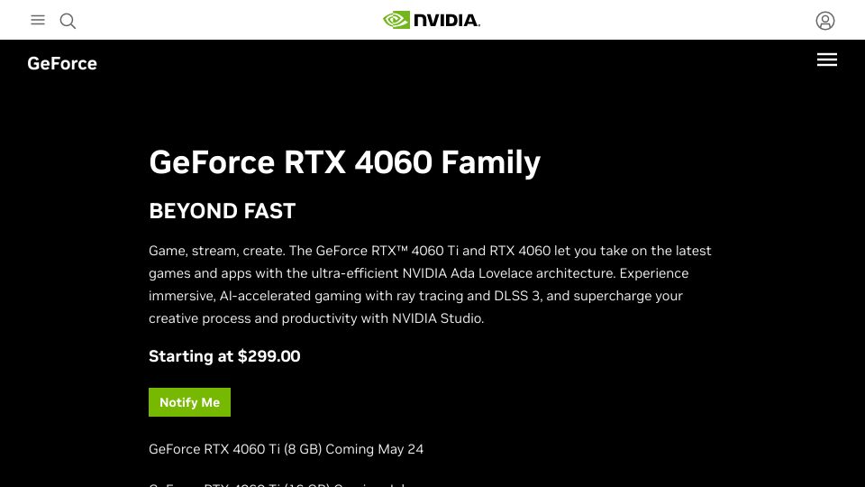 Screenshot of nvidia.com: GeForce RTX 4060 Ti and 4060 Graphics Cards