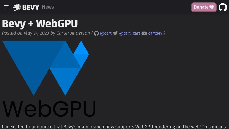 Screenshot of bevyengine.org: Bevy and WebGPU