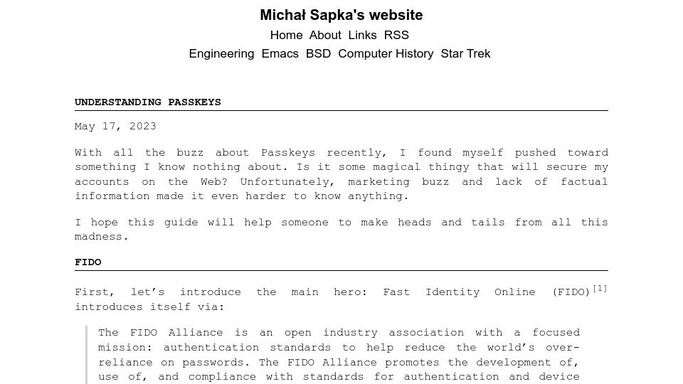 Screenshot of michal.sapka.me: Understanding Passkeys