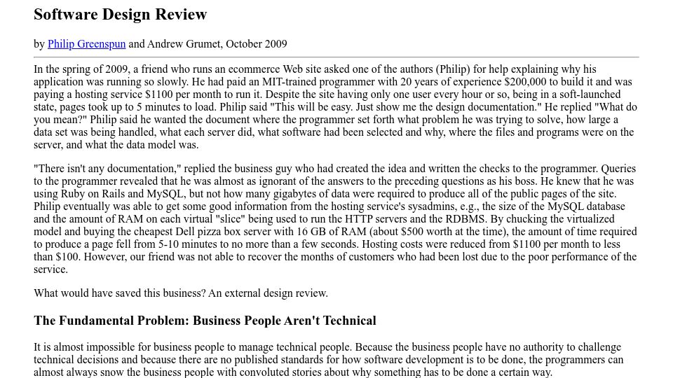 Screenshot of philip.greenspun.com: Software Design Review (2009)