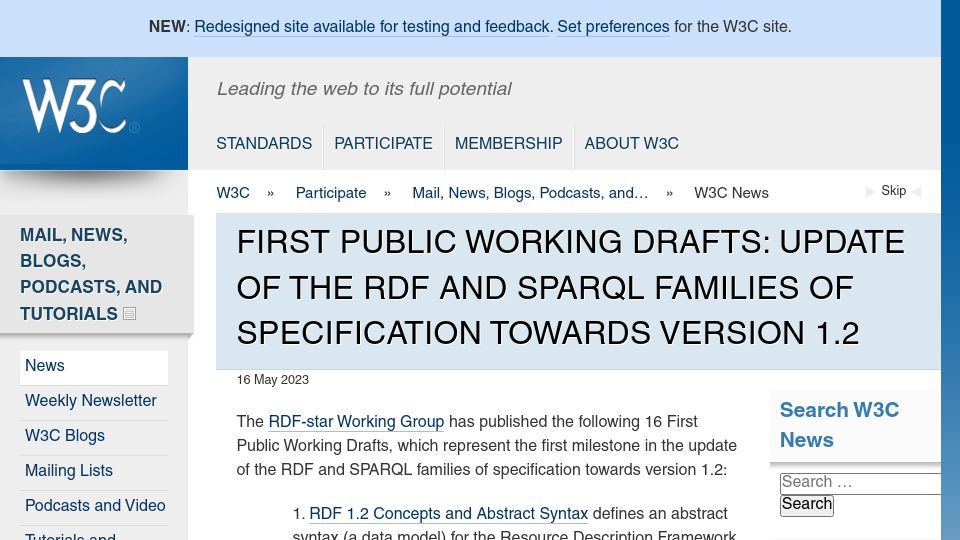 Screenshot of w3.org: Update of the RDF and SPARQL (RDF star) families of specifications