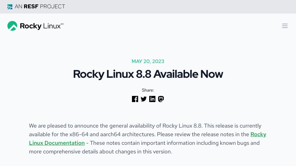 Screenshot of rockylinux.org: Rocky Linux 8.8 Available Now