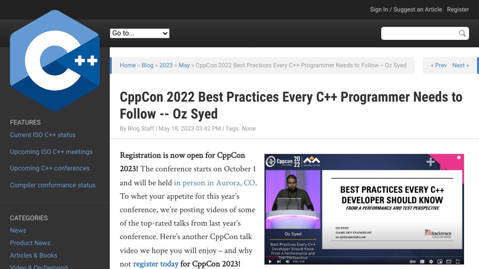 Screenshot of isocpp.org: CppCon 2022 Best Practices Every C++ Programmer Needs to Follow – Oz Syed