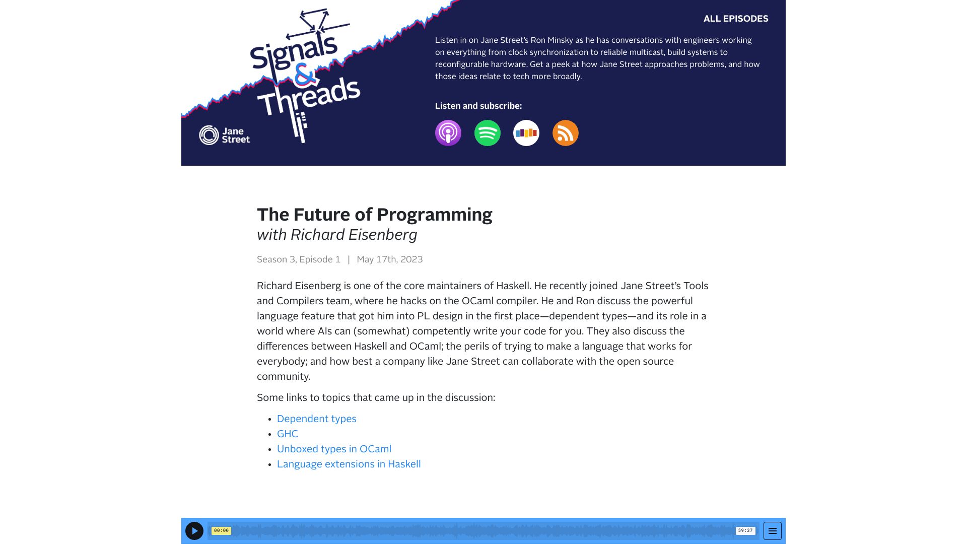 Screenshot of signalsandthreads.com: In Rust, for memory, you don't pay as you go, everyone has to pay all the time