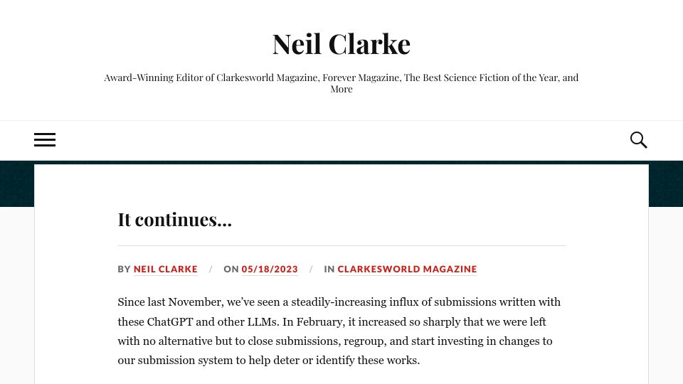 Screenshot of neil-clarke.com: AI Submissions to Clarkesworld Continue