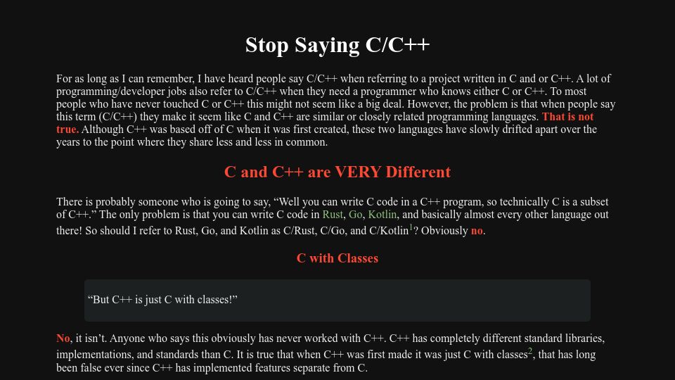 Screenshot of brycevandegrift.xyz: Stop Saying C/C++