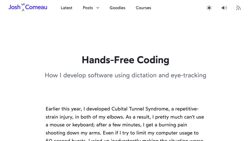 Screenshot of joshwcomeau.com: Hands-Free Coding (2020)
