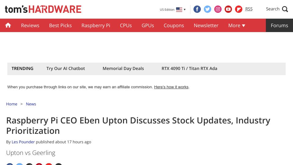 Screenshot of tomshardware.com: Raspberry Pi CEO Eben Upton Discusses Stock Updates, Industry Prioritization