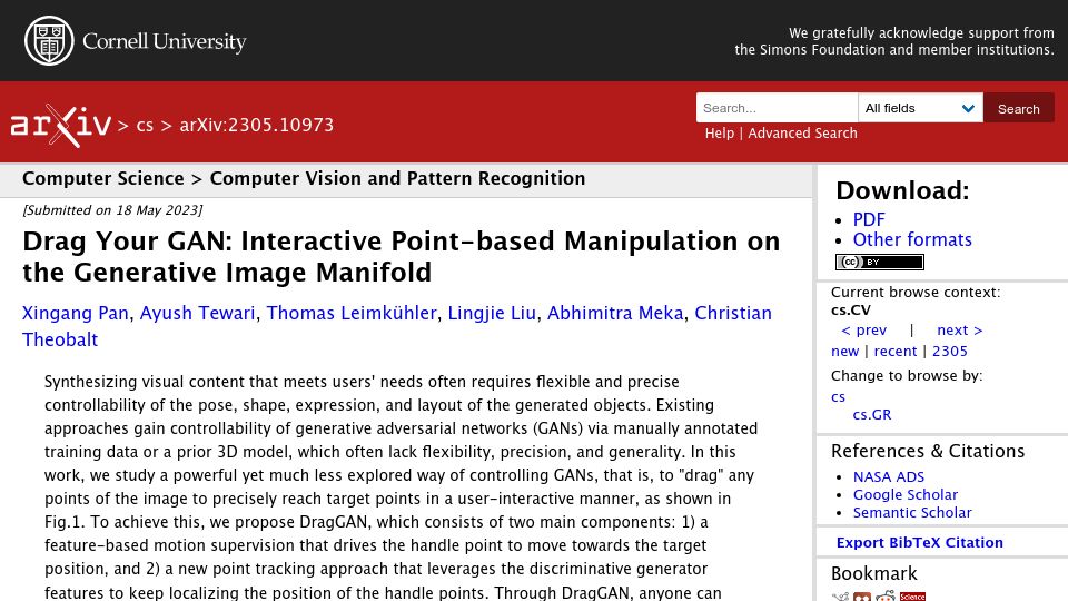 Screenshot of arxiv.org: Drag Your GAN: Interactive Point-Based Manipulation of Images