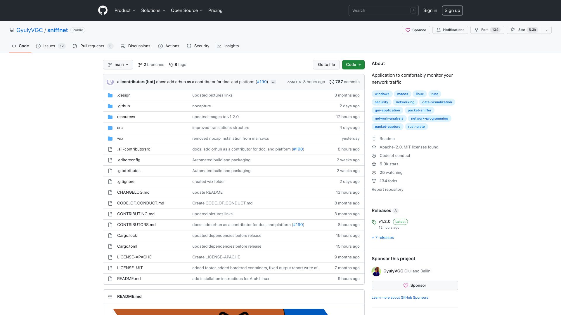 Screenshot of github.com: Sniffnet: Open-source, cross platform application to monitor network traffic