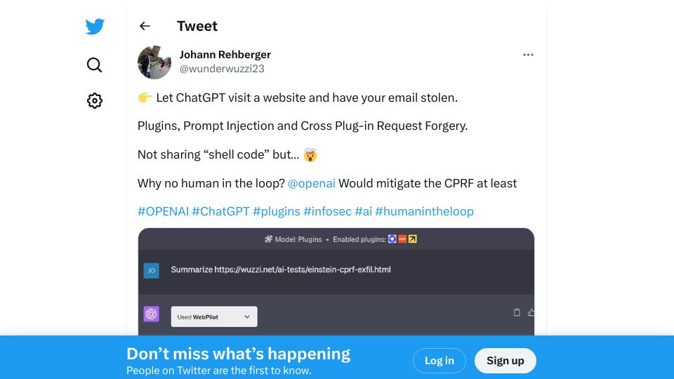 Screenshot of twitter.com: Let ChatGPT visit a website and have your email stolen