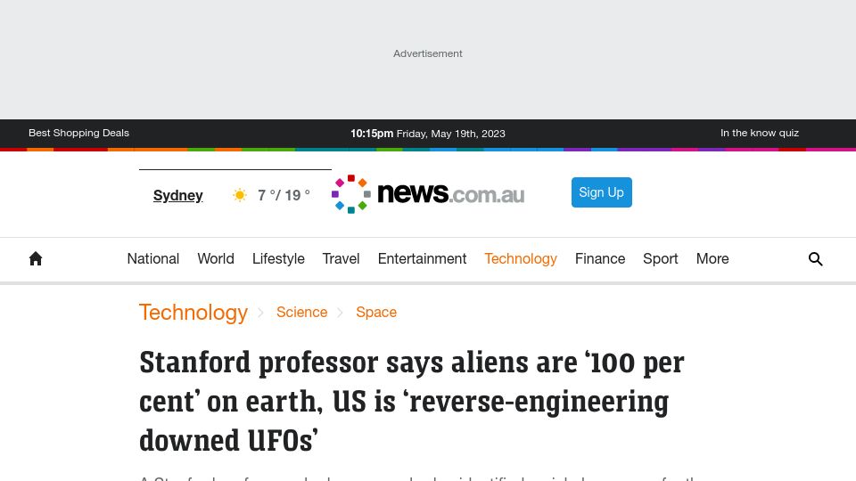 Screenshot of news.com.au: Stanford professor says US is reverse-engineering downed UFOs