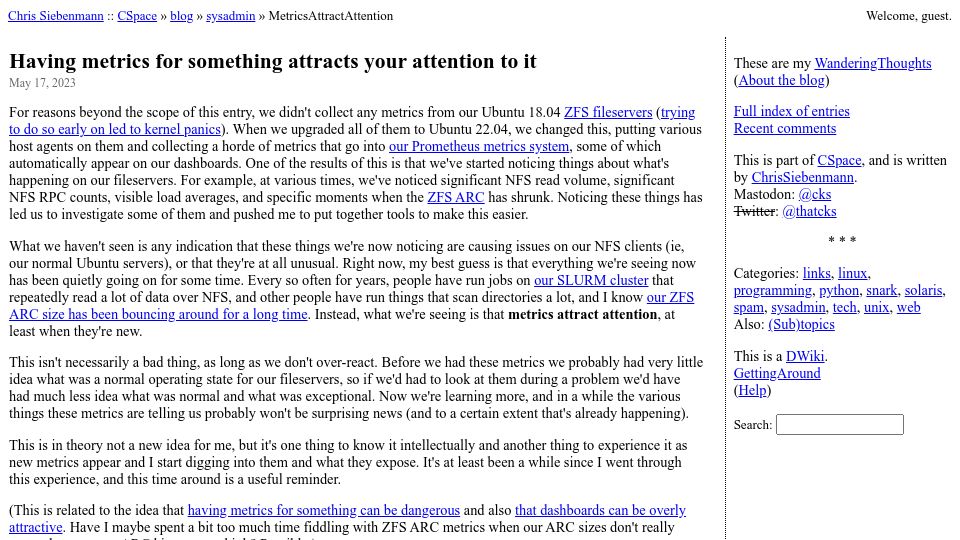 Screenshot of utcc.utoronto.ca: Having metrics for something attracts your attention to it