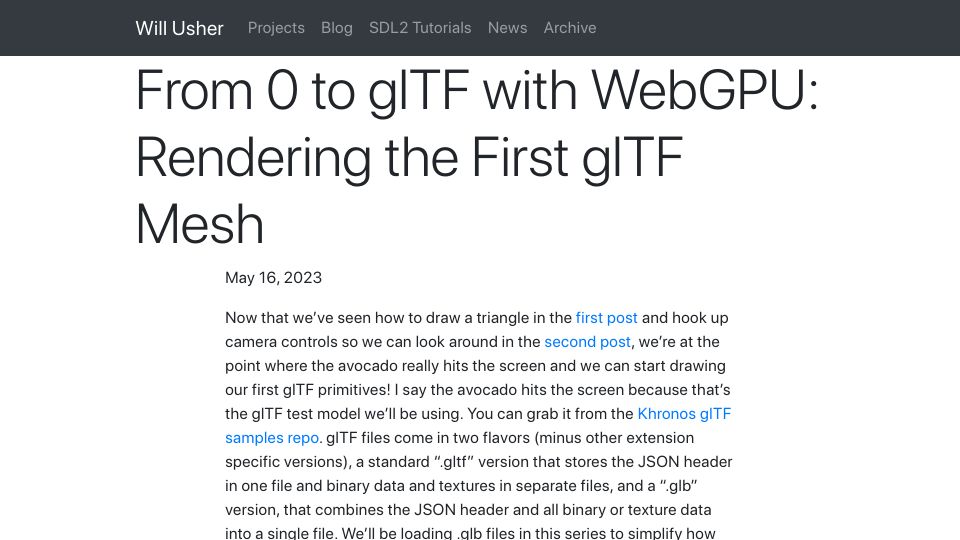 Screenshot of willusher.io: From 0 to glTF with WebGPU: Rendering the first glTF mesh