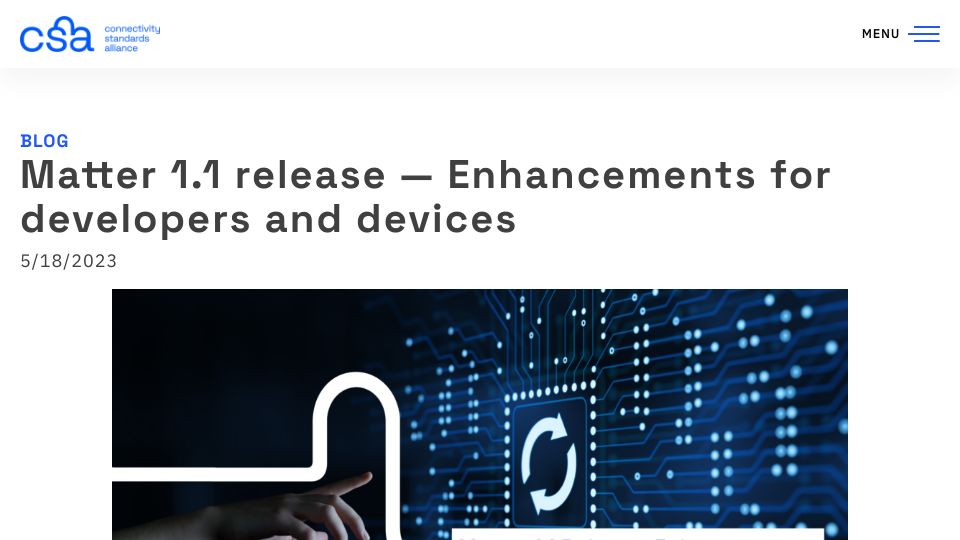 Screenshot of csa-iot.org: Matter 1.1 release – Enhancements for developers and devices