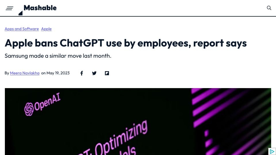 Screenshot of wsj.com: Apple Restricts Employee Use of ChatGPT, Joining Other Companies Wary of Leaks