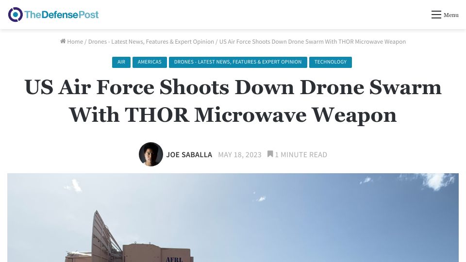 Screenshot of thedefensepost.com: US Air Force shoots down drone swarm with THOR microwave weapon