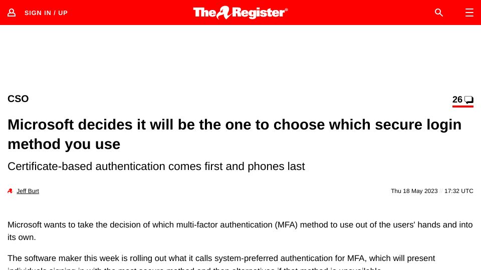 Screenshot of theregister.com: Microsoft decides it will be the one to choose which secure login method you use