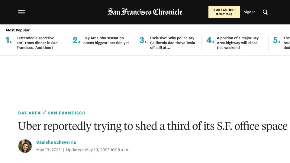 Screenshot of sfchronicle.com: Uber attempting to reduce office space in SF / 31% of office leases open