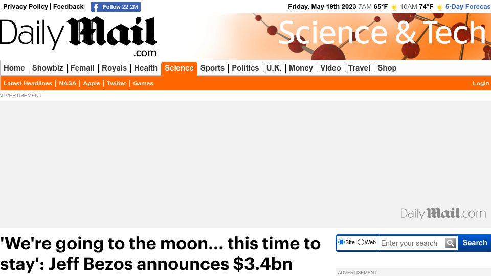 Screenshot of dailymail.co.uk: Jeff Bezos announces $3.4B NASA contract to land astronauts on lunar surface