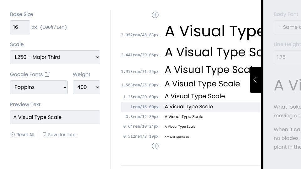 Screenshot of typescale.com: Typescale: A tool for easy CSS typography