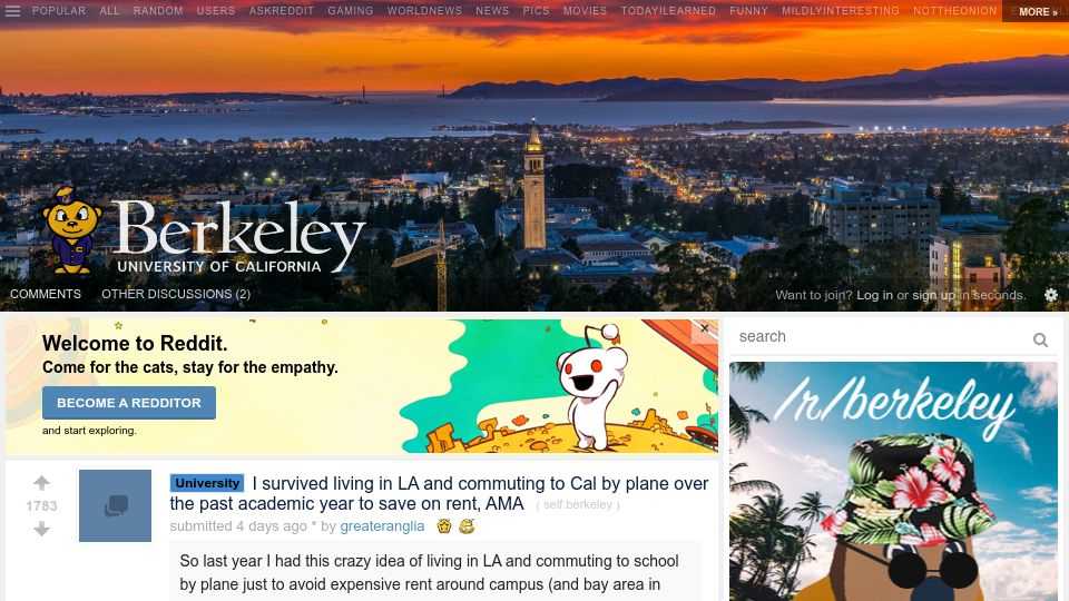 Screenshot of old.reddit.com: I lived in LA and commuted to Berkeley by plane to save on rent