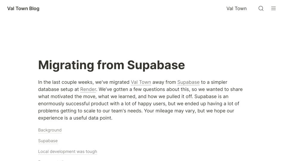 Screenshot of blog.val.town: Migrating from Supabase