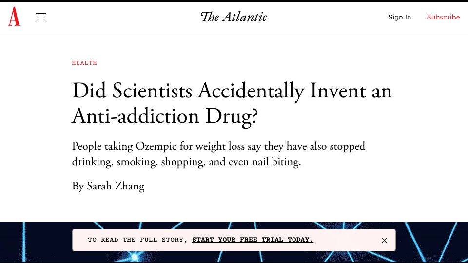 Screenshot of theatlantic.com: Ozempic drug supresses desire to smoke, drink and more?