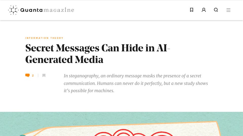 Screenshot of quantamagazine.org: A new proof of security for steganography in machine-generated messages