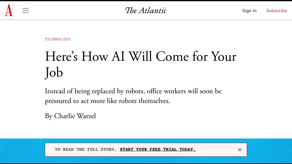Screenshot of theatlantic.com: Here’s How AI Will Come for Your Job