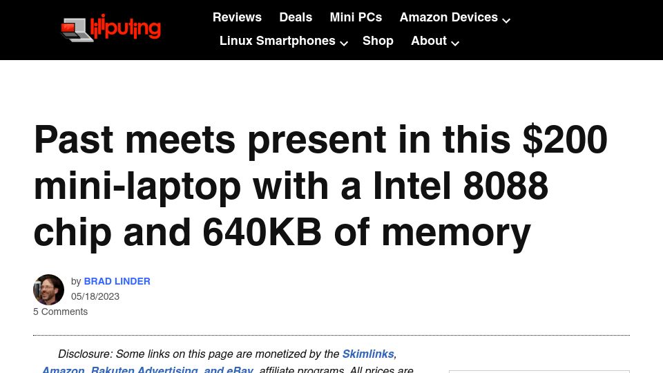 Screenshot of liliputing.com: A $200 mini-laptop with a Intel 8088 chip and 640KB