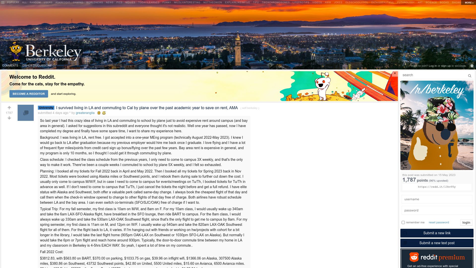 Screenshot of old.reddit.com: I lived in LA and commuted to Berkeley by plane to save on rent