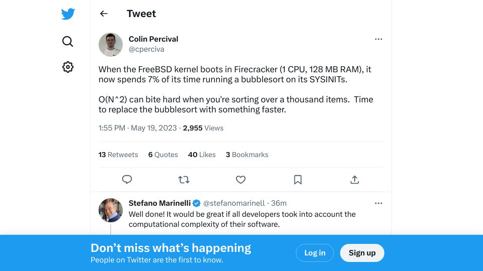Screenshot of twitter.com: FreeBSD spends 7% of its boot time running a bubblesort on its SYSINITs