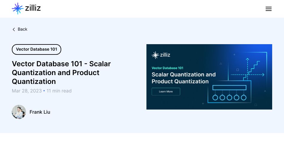 Screenshot of zilliz.com: Product quantization for vector search