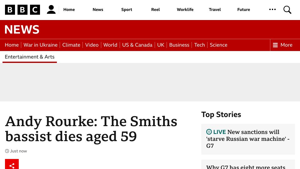 Screenshot of bbc.co.uk: Andy Rourke: The Smiths bassist dies aged 59
