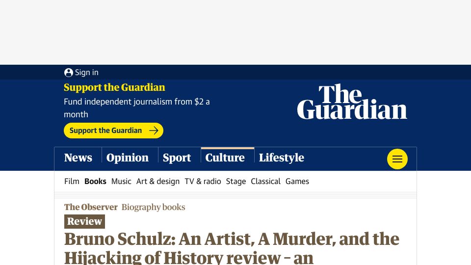 Screenshot of theguardian.com: Bruno Schulz: An Artist, a Murder, and the Hijacking of History