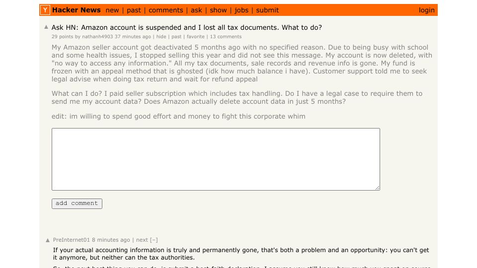 Screenshot of Hacker News post: Ask HN: Amazon account is suspended and I lost all tax documents. What to do?