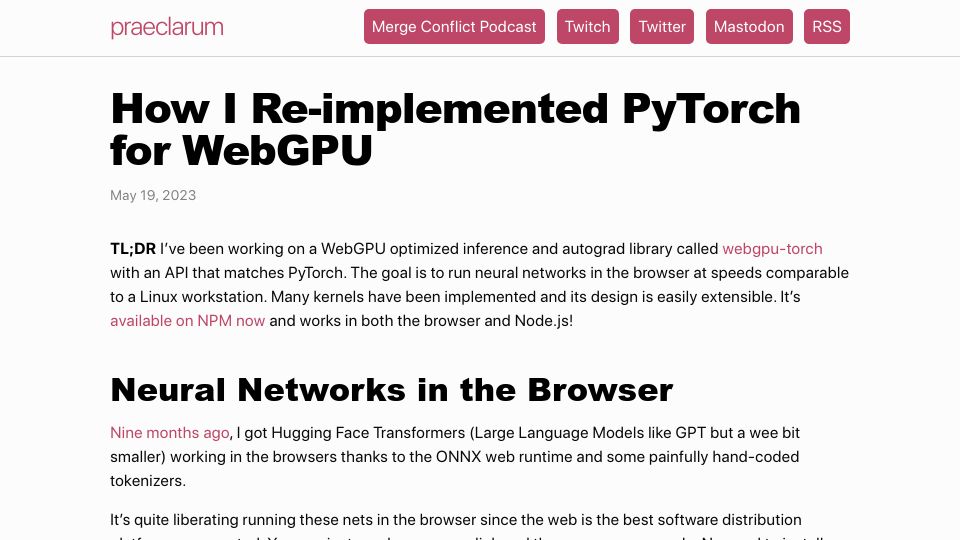 Screenshot of praeclarum.org: PyTorch for WebGPU