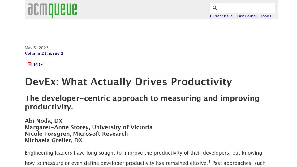 Screenshot of queue.acm.org: Devex: What actually drives productivity