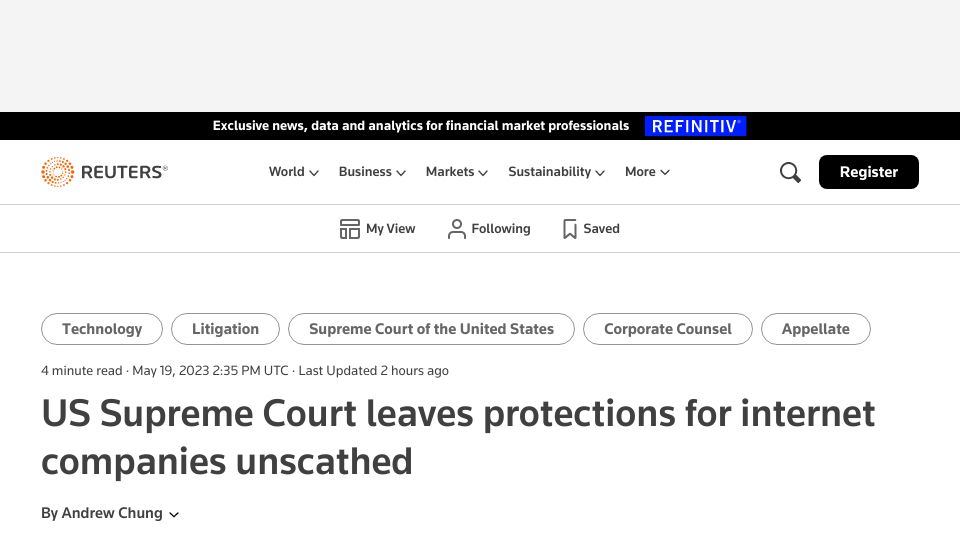Screenshot of reuters.com: US Supreme Court leaves protections for internet companies unscathed