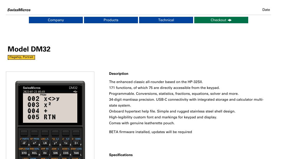 Screenshot of swissmicros.com: DM32 – a modern take on the HP-32SII calculator
